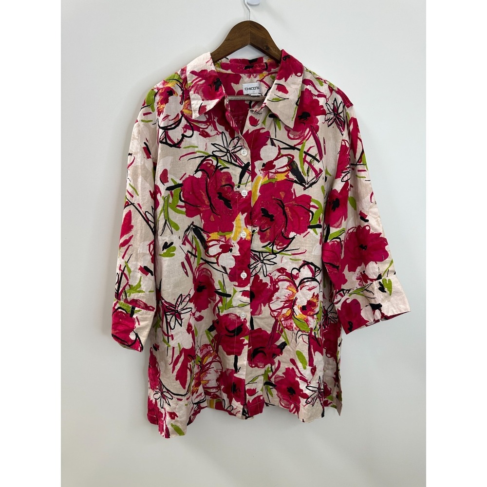 Chico's 100% Linen Multicolor Floral Print Button Up Shirt Size 3 US 16 XL Top - Picture 12 of 12